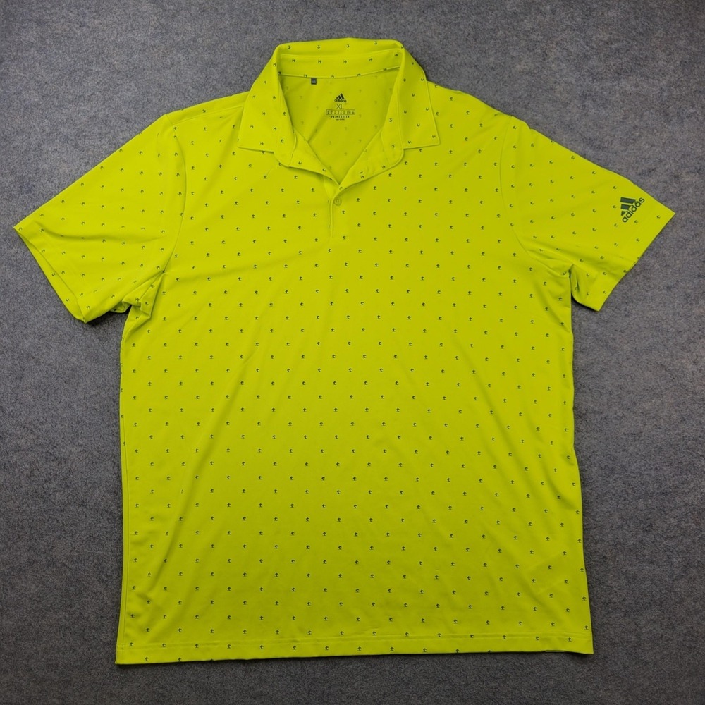 Adidas Polo Shirt Mens XL Yellow Palm Tree Print Primegreen Golf Performance Top